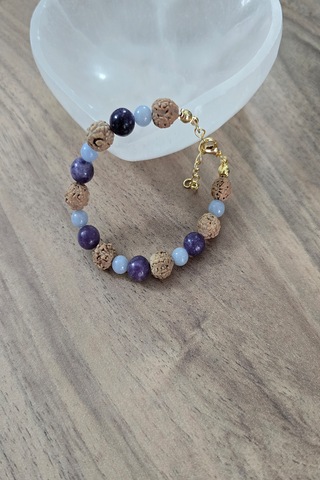 8 Mm Rudrashka, Lepidolit, 6 Mm Anjelit Doğal Taş Bileklik Çok Renkli