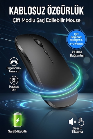 Ultra Slim Sessiz Tıklama Bluetooth Şarjlı 2.4ghz Kablosuz Mouse 1600dpi Siyah 69113 - 934910159 Diğer