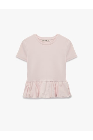 Koton Slim Fit Kısa Kollu Bisiklet Yaka Balon Peplum Tişört Pembe 6sal10578ık Gül