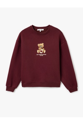Koton Ayı Nakışlı Uzun Kollu Bisiklet Yaka Oversize Sweatshirt Bordo 5sal10600ık Bordo
