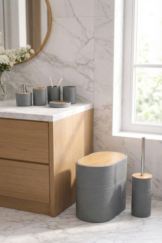 Makri Home 6 Parça Gri Banyo Seti, Bambu Detaylı, 8l Çöp Kovası 24x26x16 Cm