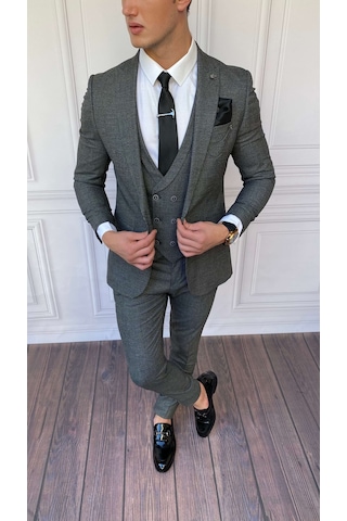 Modefendi Slim Fit İtalyan Kesim İnce Ekose Takım Elbise Gri