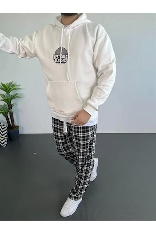 Erkek Baskılı Üç İplik Kapüşonlu Oversize Sweatshirt - Beyaz Beyaz