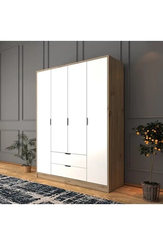 Nisan Açık Ceviz-beyaz 140 Cm 4 Kapılı 2 Çekmeceli Elbise Dolabı - Gardırop Açık Ceviz & Beyaz