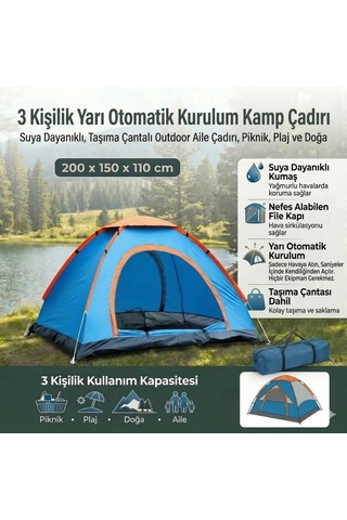 Buffer 3 Kişilik Yarı Otomatik Kurulum Kamp Çadırı Suya Dayanıklı, Taşıma Çantalı Outdoor Aile Çadırı, Piknik, Plaj V Mavi