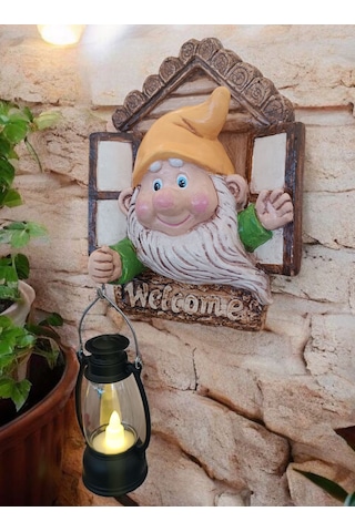 1 Adet Dekoratif Duvar Ve Bahçe Süsü Fenerli Sevimli Cüce Sarı