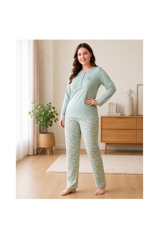 Flz Kadın Kışlık Viskon Pijama Takımı M L Xl Xxl Uzun Kollu Boydan Düğmeli Şık Ev Giyimı B89-100 Mint