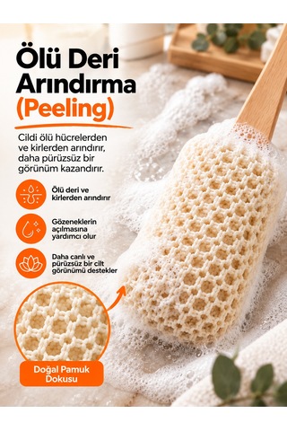 Hanex Pamuk Saplı Sırt Kesesi, Uzun Saplı Banyo Duş Kesesi, Sırt Ve Vücut Temizleme Peeling Kesesi