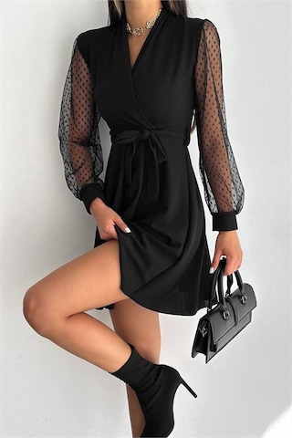 Dip Moda Kadın Siyah Bağlama Detaylı Tül Detaylı Kloş Elbise Dpkklf33 Siyah