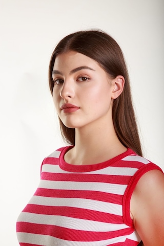 Kadın Pempebeyaz Çizgili Fitilli Likralı Sıfır Kol Bisiklet Yaka Örme Atlet Tshirt Bluz Pembe - Beyaz