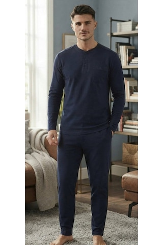 Erse %100 Pamuk Selanik Örme Uzun Kol Erkek Pijama Takımı Kışlık - 9097526090081 Lacivert