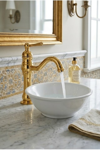 Çanak Rustik Lavabo Bataryası Gold Uzun Gold Altın Sarı