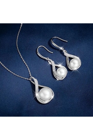 Zirkon Taş İşlemeli, Beyaz İnci Gümüş Takı Seti, Ahşap Kutu İçerisinde Gümüş