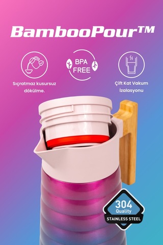 Cooker Bamboopour 2 Litre Paslanmaz Çelik Bambu Saplı Termos Ckr2097 Pembe