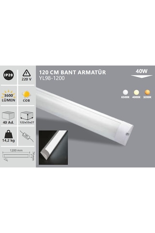 40w 120 Cm Led Bant Armatür, Beyaz Işık Yl98-1200 Beyaz