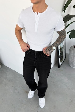 Beyaz Basic Fitilli Düğmeli Yaka Relax Fit Kısa Kollu Tişört