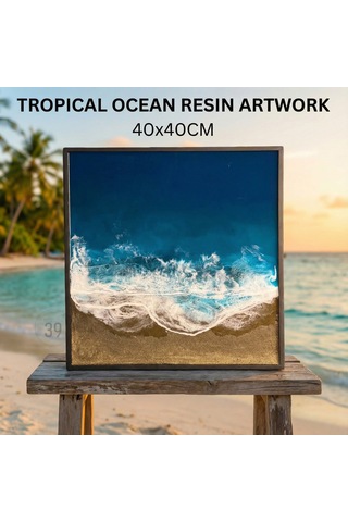 Tropical Ocean Epoksi Duvar Tablosu, Çerçeveli Okyanus Temalı El Yapımı Sanat Eseri, 40x40 Cm 1 Adet