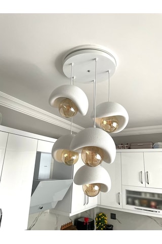 Modern 5'li Avize Beton Dokulu - Salon Ve Oturma Odası İçin Şık Tasarım Rustik Ampul Hediyeli Beyaz