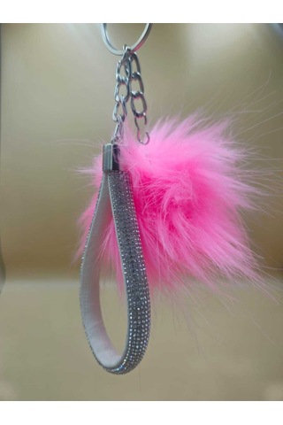 Gümüş Taşlı Tilki Tüyü Şeker Pembe Angel Anahtarlık