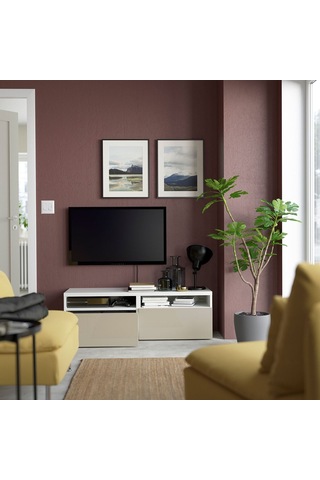 Tv Sehpası, Beyaz-parlak Cila-bej, 120x42x39 Cm, Selsvıken, Fren Raylı Beyaz