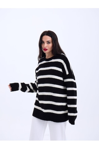 43111 Triko Çizgili Salaş Kazak-siyah-ekru Çok Renkli