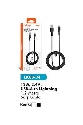 Şarj Kablosu 12w, 2.4a, Usb-a To Lightning 1.2 Metre Şarj Kablo Lkcb-34