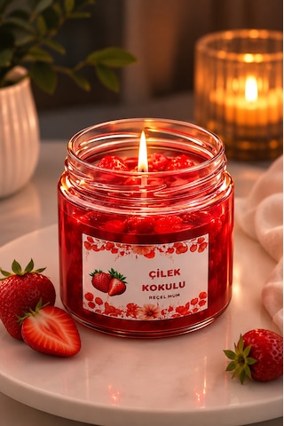 Reçel Mum Çilek Kokulu Mum Dekoratif Mum Kırmızı