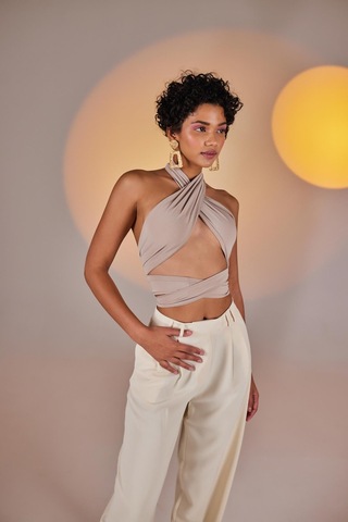 Holly Lolly Crop Model Wrap Top Bej
