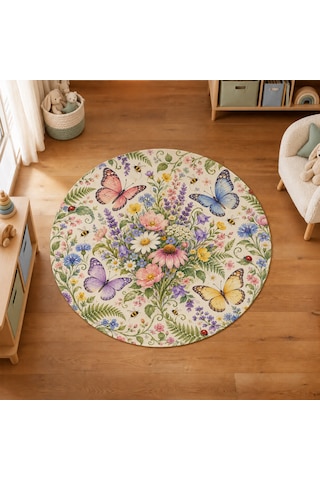 Kartela Halı Kelebek Bahçesi Yuvarlak Çocuk Oyun Halısı Kaymaz Dot Taban Yıkanabilir 120 Cm Çap
