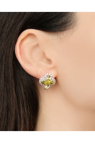 Lekka Design Kadın Kararmaz Çelik Lüks Takı Yeşil Zirkon Taşlı Yonca Küpe Altın