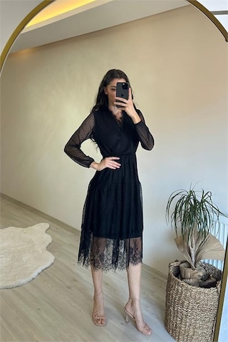Neşeli Butik Kadın Kruvaze Yaka Dantelli Tül Elbise Nm010 Siyah