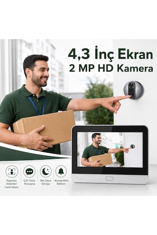 Cmr101 Kapı Zilli Kameramı Ekranlı Güvenlik Kamerası 1080p 2mp Full Hd Görüntü 4.3 İnç Ekran Wifi Akıllı Kapı Kamerası 4.3" Ekran 1080p Hd Görüntülü Kapı Dürbünü Pır Sensörlü