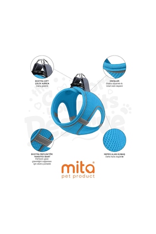 Mita Air Mesh Kedi Köpek Göğüs Tasması Çift Reflektörlü, Terletmeyen Turkuaz