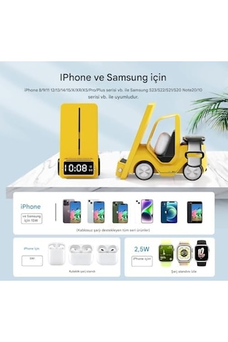 T20 15w 5 İ 1 Arada Magsafe Kablosuz Şarj İstasyonu, Dijital Saatli Forklift Tasarım, İphone 16/15/14/13/12, Apple Watch, Airpods Uyumlu Masaüstü Hızlı Şarj Standı Sarı