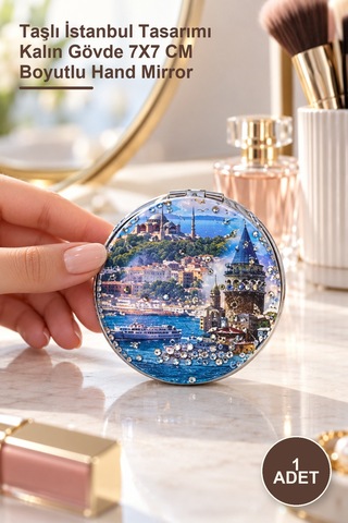 1 Adet El Aynası Taşlı İstanbul Tasarımı Kalın Gövde 7x7 Cm Boyutlu Hand Mirror