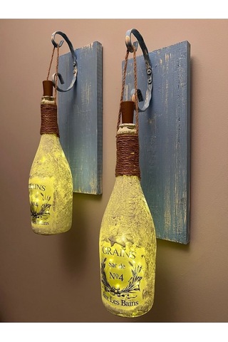 Tıpa Peri Led Işıklı Mavi Eskitme Ahşap Buzlu Cam Şampanya Şişesi Çok Renkli