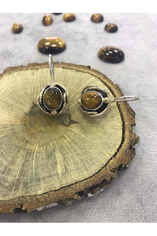 Kaplan Gözü Taşlı Gümüş Küpe 925 Ayar N11.65049