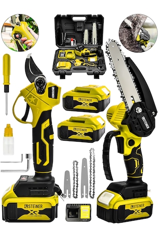 Steiner 18v Çift Akülü Çelik Şanzıman 35mm Dal Budama Makası & 15cm Budama Testeresi 2 Li Set Sarı