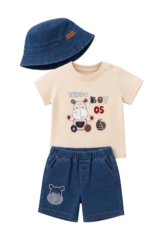 Lika&nika Erkek Bebek 3'lü Yazlık Takım - %100 Pamuklu Tişört, Lastik Belli Denim Şort Ve Şapka Açık Bej