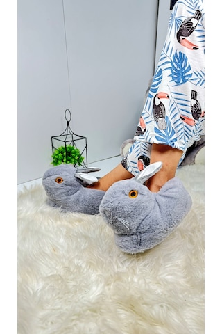 Kadın Panduf Tavşan Figürlü Peluş Ev Botu Desenli Düz Taban Rahat Hafif 359 Gri