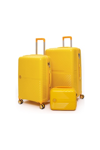 Elatae Exclusive Pro Polipropilen Kırılmaz 3'lü Valiz Seti Büyük - Orta Boy Ve Makyaj Çantası Sarı 5239 Sarı