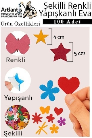 Şekilli Eva Yapışkanlı 100 Lü 1 Paket Kendinden Yapışkanlı Eva Sticker Kalp Yıldız Okul Öncesi Kreş Ana Okulu Süsleme