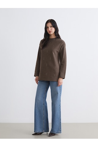 Lcwaıkıkı Classic Bej Soft Touch Taşlı Kadın Sweatshirt Tunik