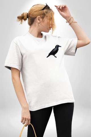 3 Gözlü Kuzgun Beyaz Oversize Unisex Ön Ve Sırt Baskılı Tişört Beyaz