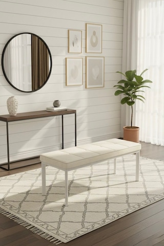 Vena 105x40 Bench - Babyface Kumaş Çımalı Döşeme Puf Bench Beyaz Ayaklı Krem