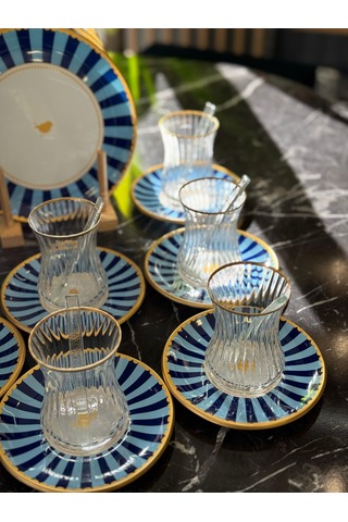 34 Parça Iwon Blue Yaldızlı 6 Kişilik Pasta Çay Servis İkram Takımı-4908 Lacivert