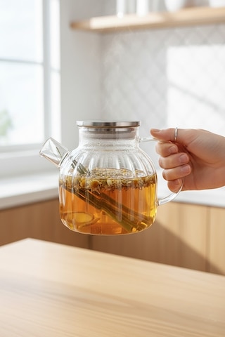 1000 Ml Isıya Dayanıklı Çelik Kapaklı Borosilikat Cam Demlik Ocak Üstü Şeffaf Bitki Çayı Demliği