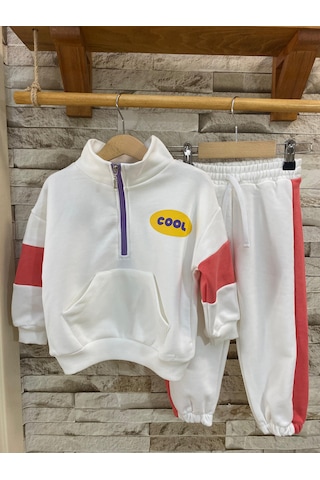Lacıel Parıs Cool Sloganlı Yakalı Fermuarlı Kız Çocuk Eşofman Takım Beyaz