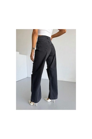 Kene Jeans Çift Diz Lazer Yırtık Füme Bol Paça Jeans Füme