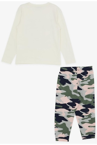 Macawı Kız Çocuk Pijama Takımı Kamuflaj Desenli 3-8 Yaş, Krem-krem Krem
